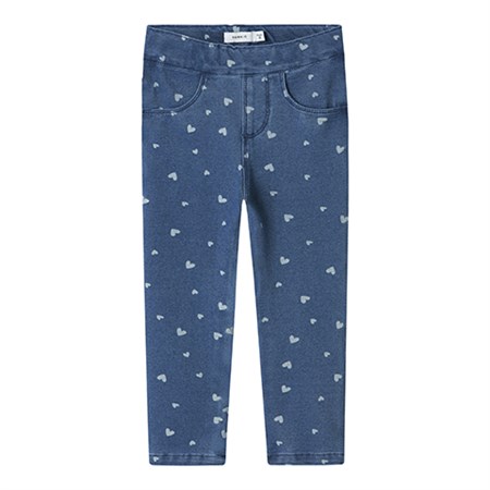 Name It - Salli Slim DNM Leggings, Medium Blue Denim AOP Heart