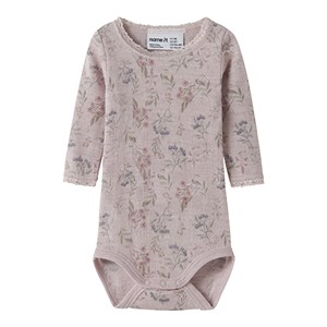 Name It - NBF WANG WOOL NEEDLE LS BODY NOOS - AOP FLOWERS AND LEAFS, Violet Ice