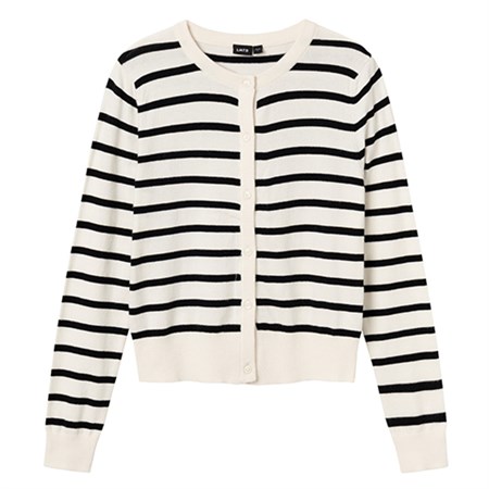 LMTD - Nulli Short Knit Cardigan LS, White Alyssum/Black Stripes