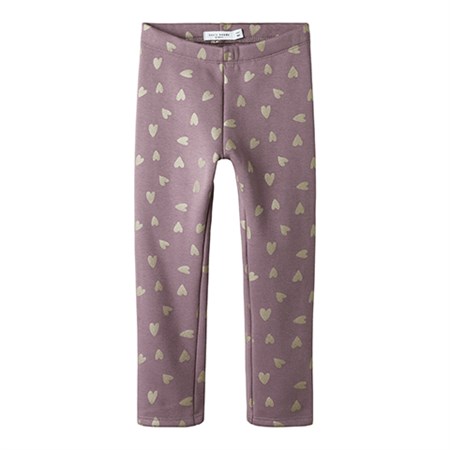 Name It -Tavina Sweat Fleece Leggings BRU Noos, Grape Shake w. Glitter Hearts