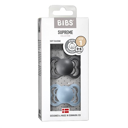 BIBS - Bibs Supreme 2 pak Silicone - Str. 1 (0-6 MDR), Iron/Baby Blue